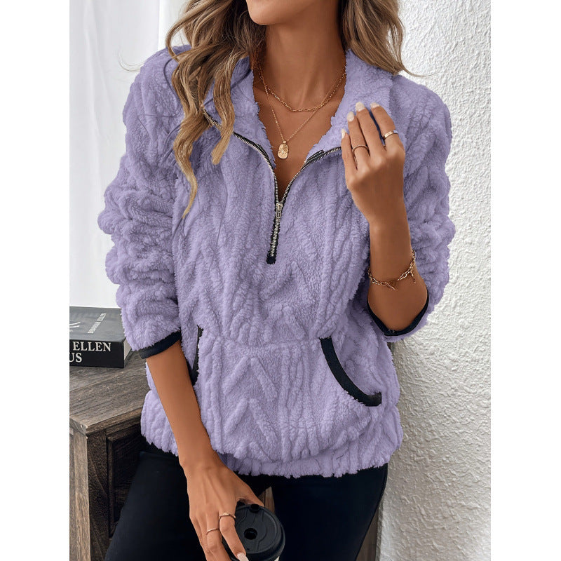 Damen flauschiger Teddy-Pullover mit halbem Reißverschluss und hohen Kragen Drune