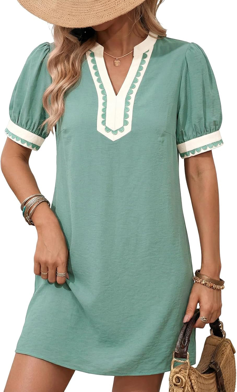 Damen Lockeres A-Linien Minikleid mit Puffärmeln, V‑Notch und kontrastierter Zierborte Drune