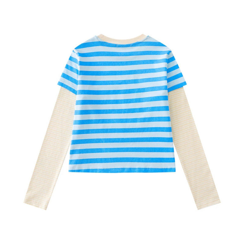 Damen Lagen-Langarmshirt im Layer-Look mit kontrastierenden Streifenärmeln und typografischem Print Drune