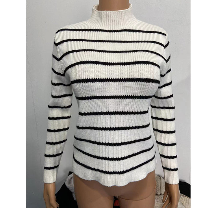 Damen Feinstrick-Pullover mit kurzem Stehkragen, Rippenstruktur und maritimen Streifen Drune