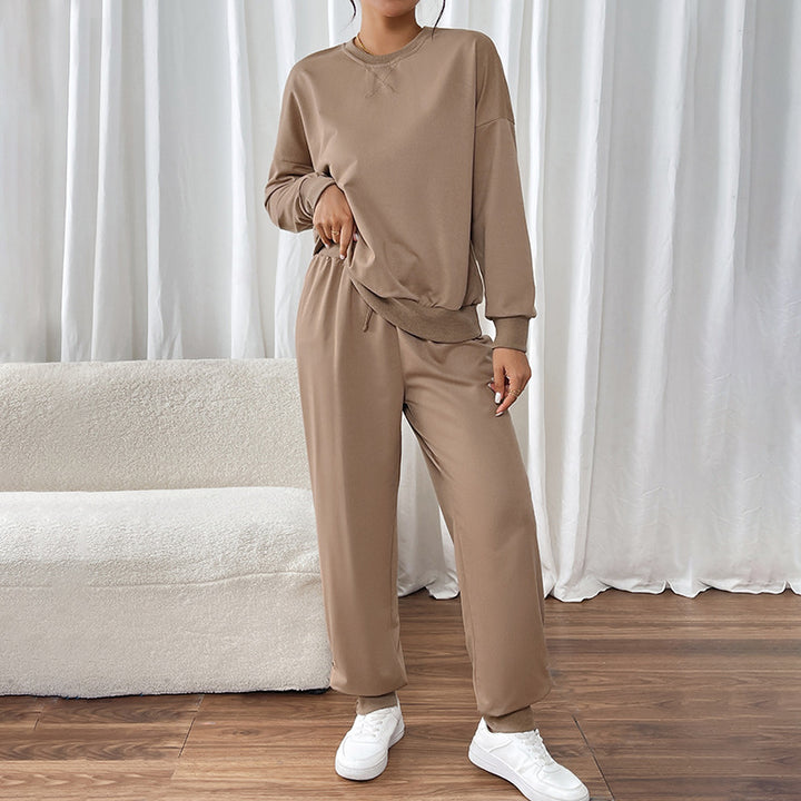 Damen Lässiges Sweat-Set mit Oversize-Rundhals und High-Waist-Hose mit Knopfmanschette Drune