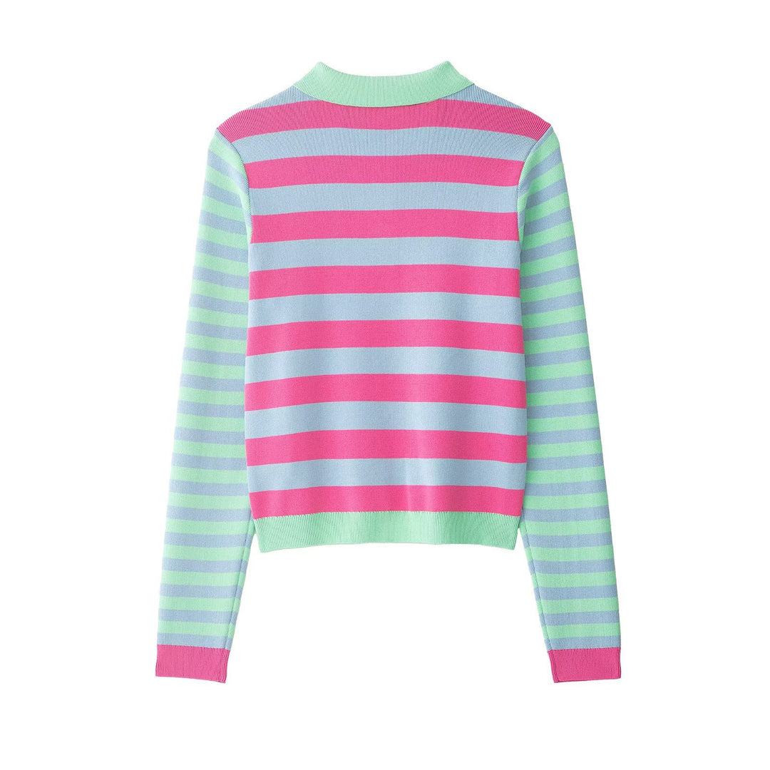 Damen Gestreifte Kurzjacke-Cardigan mit Polokragen und Knopfleiste Drune