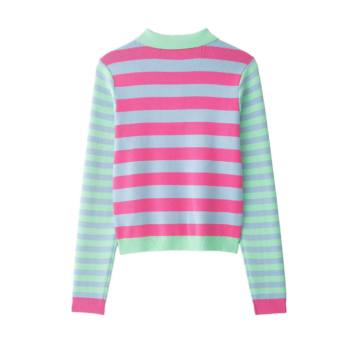 Damen Gestreifte Kurzjacke-Cardigan mit Polokragen und Knopfleiste Drune