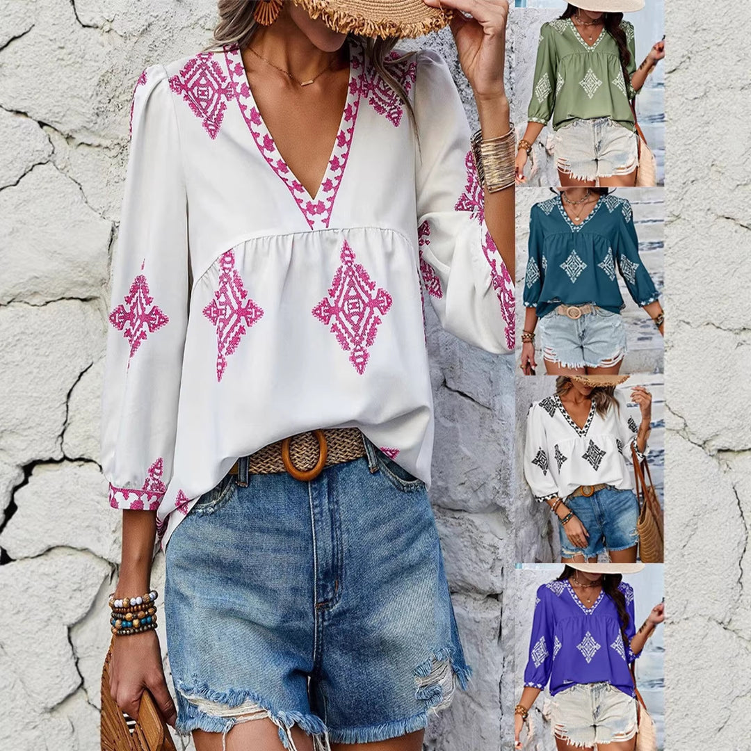 Damen Locker geschnittene Boho‑Bluse mit V‑Ausschnitt, geraffter Brustnaht und dreiviertelärmeln Drune