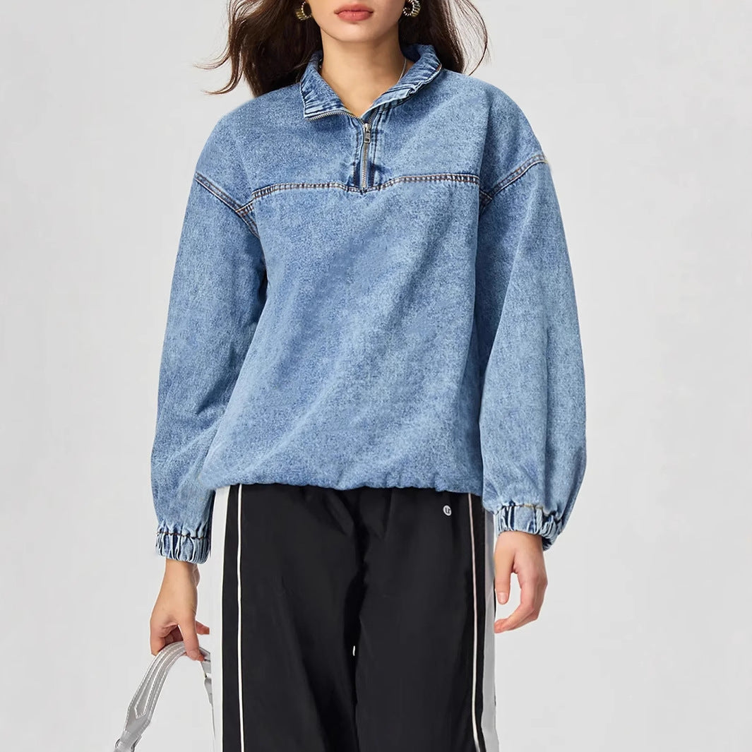 Damen lockeres Denim-Pullover mit Stehkragen und Reißverschluss Drune