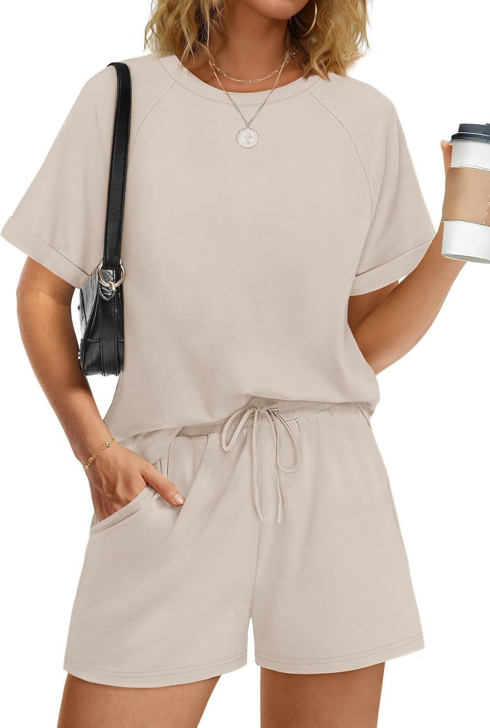 Damen lässiger Kombi aus T-Shirt und Shorts mit elastischem Bund Drune