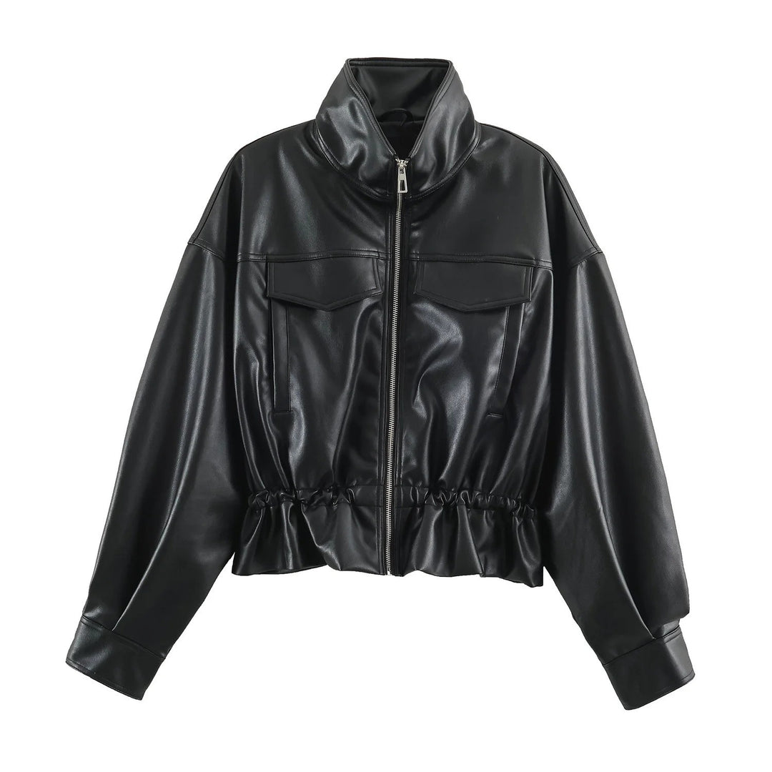 Damen Oversize Blousonjacke aus veganem Leder mit hohem Stehkragen und Kordelzugtaillierung Drune