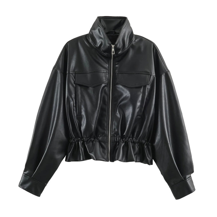Damen Oversize Blousonjacke aus veganem Leder mit hohem Stehkragen und Kordelzugtaillierung Drune