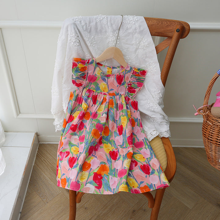 Mädchen Floral Print Rüsch A-Linie Kleid Drune