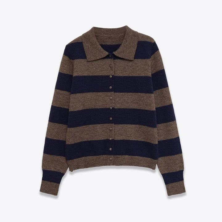 Damen Gestreifte Strickcardigan mit Hemdkragen und Knopfleiste Drune
