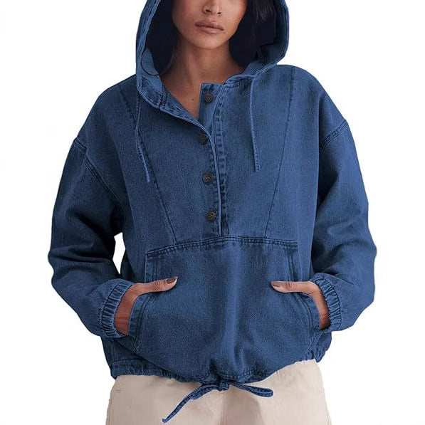 Damen Jeans-Halbanorak mit Kapuze, Kängurutasche und Tunnelzug Drune