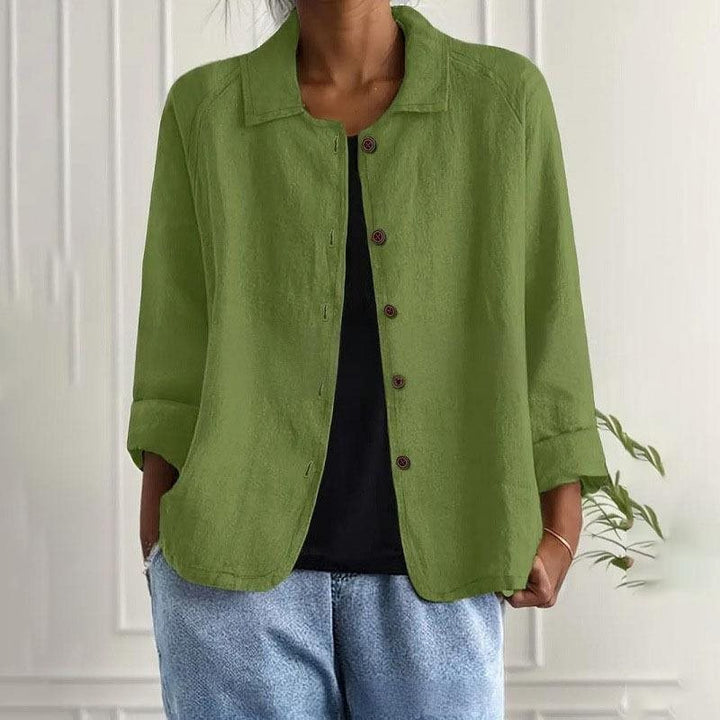Damen Oversized Leinen-Hemdjacke mit Hemdkragen, 3/4-Ärmeln und durchgehender Knopfleiste Drune