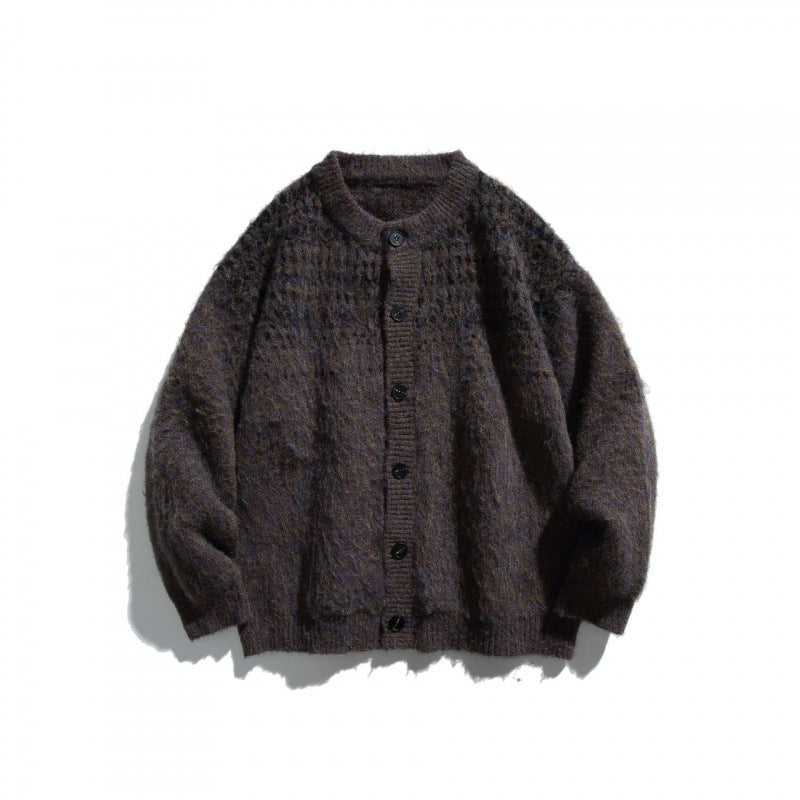 Unisex Grobgestrickte Oversize-Knopfleisten-Strickjacke aus Mohair-Mix mit Rundhals Drune