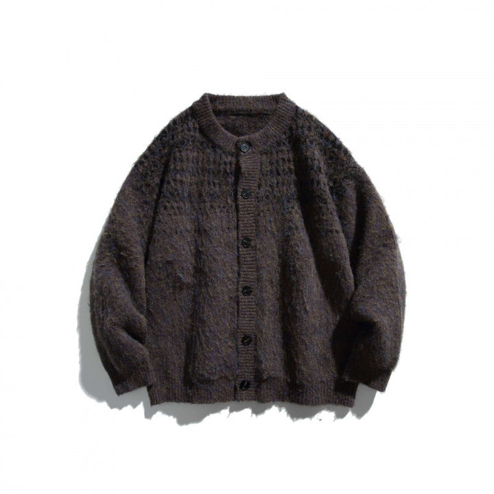 Unisex Grobgestrickte Oversize-Knopfleisten-Strickjacke aus Mohair-Mix mit Rundhals Drune