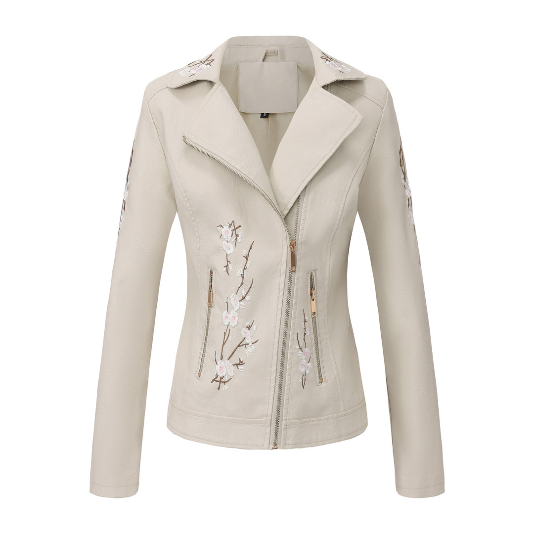 Damen nan bestickte taillierte Kunstleder Bikerjacke mit asymmetrischem Reißverschluss Drune