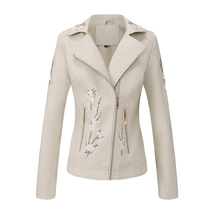 Damen nan bestickte taillierte Kunstleder Bikerjacke mit asymmetrischem Reißverschluss Drune