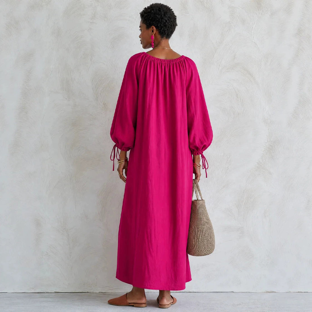 Damen Maxikleid im Kaftan-Stil mit gerafftem Rundhalsausschnitt, Ballonärmeln und Eingrifftaschen Drune