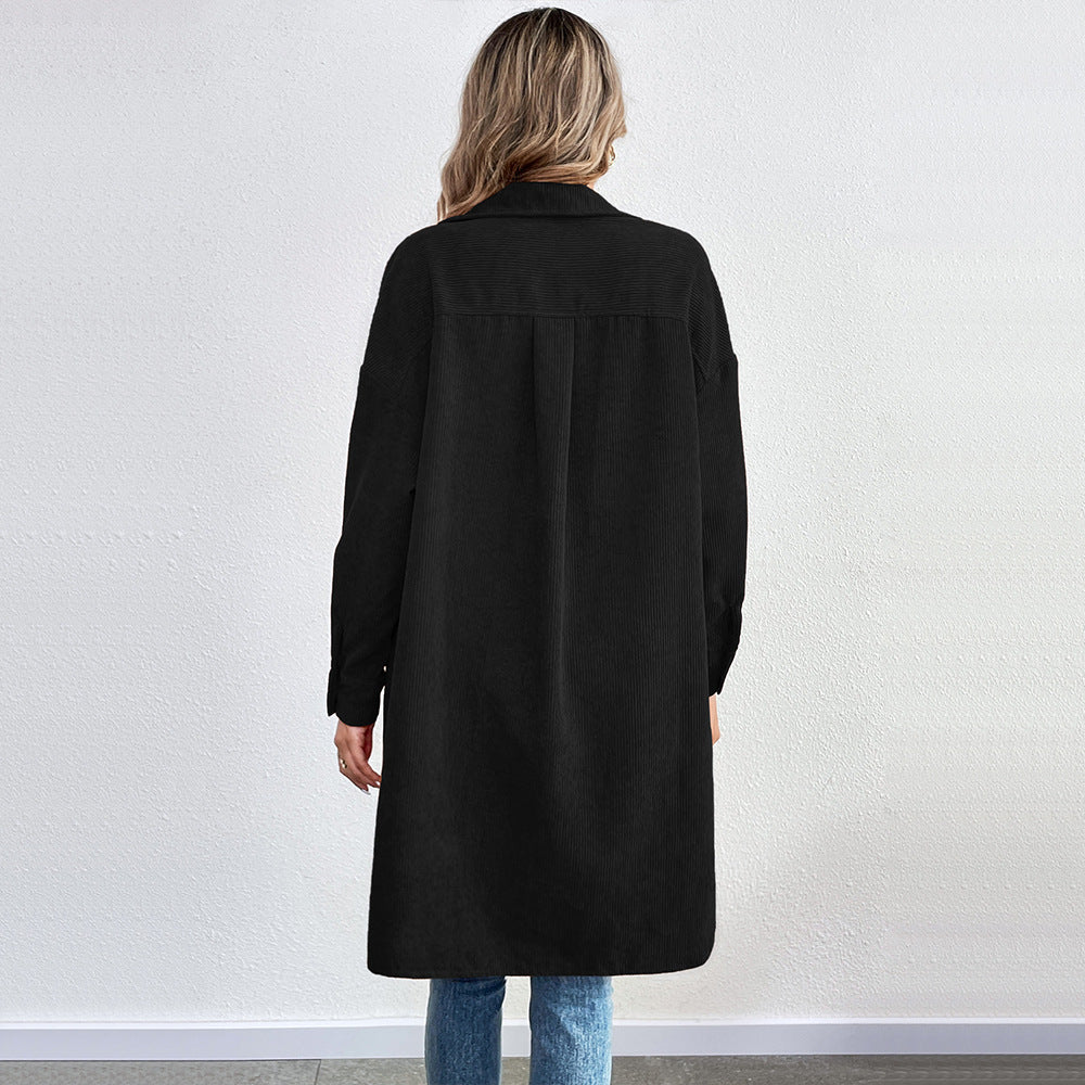 Damen lange Oversize-Cord-Hemdjacke mit durchgehender Knopfleiste und Hemdblusen-Kragen Drune