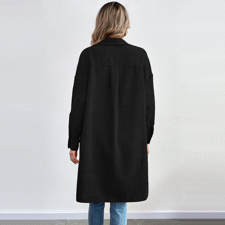 Damen lange Oversize-Cord-Hemdjacke mit durchgehender Knopfleiste und Hemdblusen-Kragen Drune
