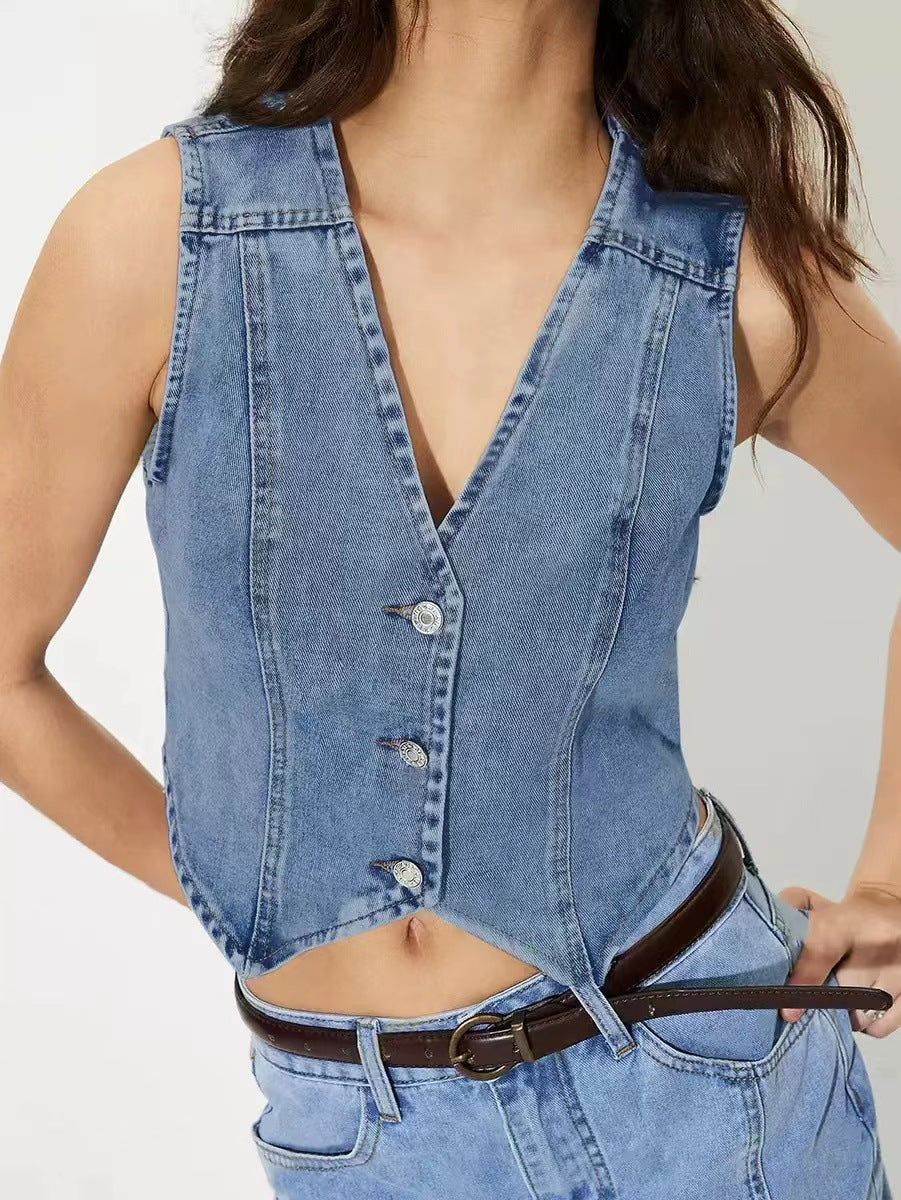 Damen taillierte ärmellose Jeansweste mit V-Ausschnitt Drune