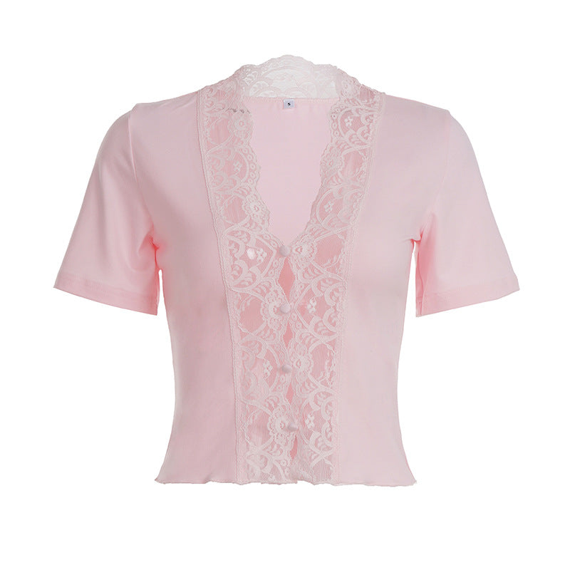 Damen elegantes Kurzarmoberteil mit zarten Spitzenakzenten Drune