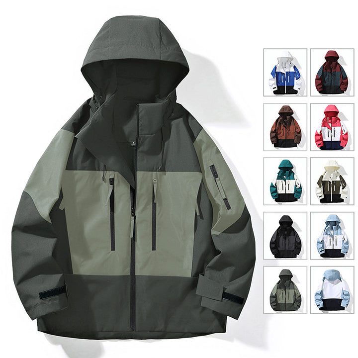 Herren Wasserabweisende Colorblock-Outdoorjacke mit Kapuze, Mehrfach-Reißverschlusstaschen und verstellbaren Bündchen Drune