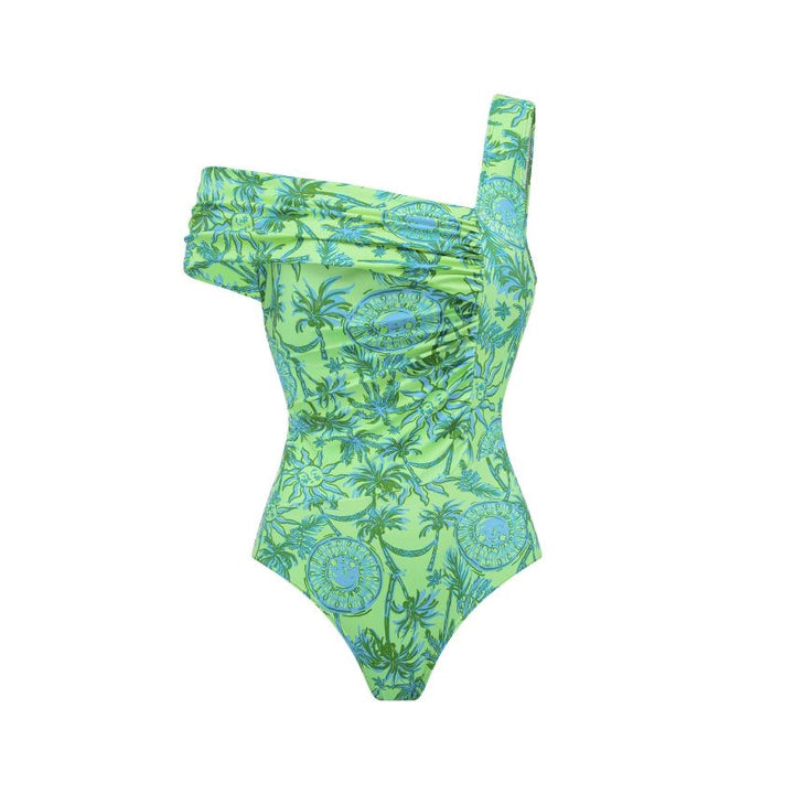 Damen One-Shoulder Badeanzug mit transparentem Wickelrock Drune