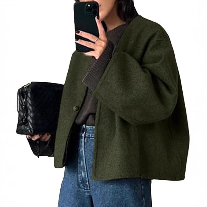 Damen Kurz geschnittene Oversize Wolljacke mit kastigem Schnitt und Ein-Knopf-Verschluss Drune
