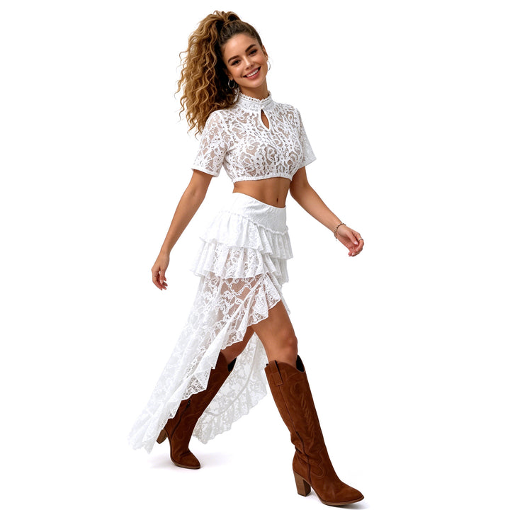 Damen nan Spitzen-Cropped-Bluse mit Stehkragen und keyhole-Detail Drune