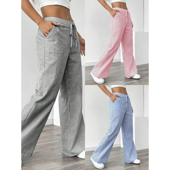 Damen breite Streifenhose mit hohem Taillenbund und praktischen Taschen Drune