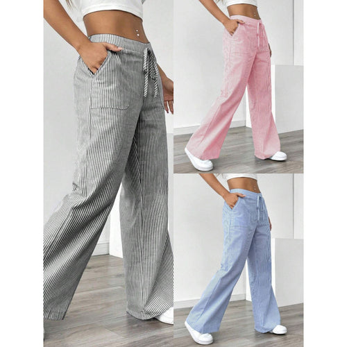 Damen breite Streifenhose mit hohem Taillenbund und praktischen Taschen Drune
