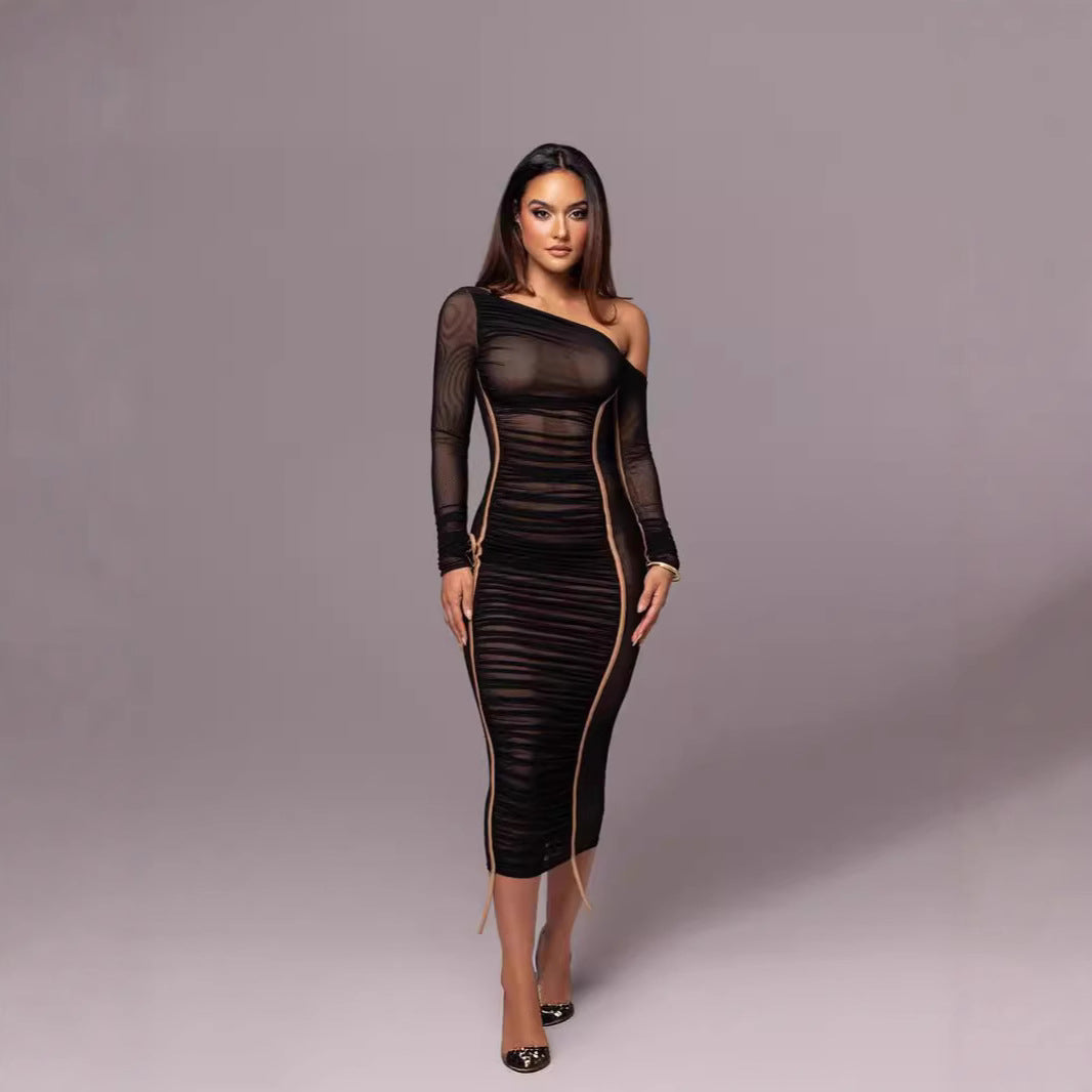 Damen Langarm-Midi-Kleid mit asymmetrischem Schnitt und romantischem Rüschendesign Drune