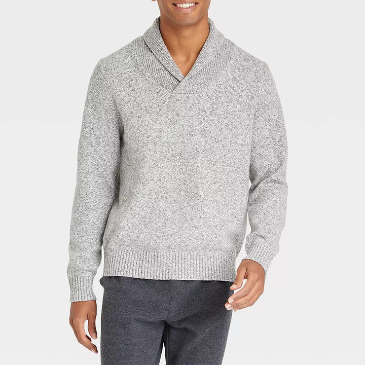 Herren Schalkragen-Pullover aus meliertem Feinstrick mit Rippbündchen Drune
