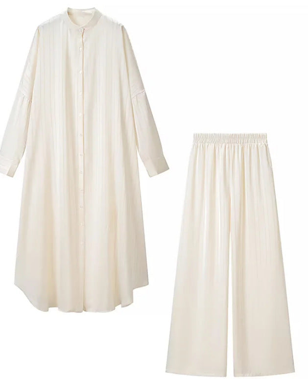 Damen Zweiteiliges fließendes Hemdblusen‑Maxikleid mit durchgehender Knopfleiste und passender elastischer Palazzo‑Hose Drune