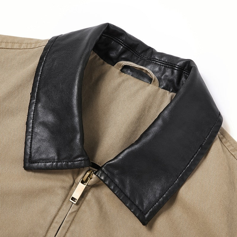 Herren Boxy-Denim-Überhemdjacke mit Lederkragen, Brusttasche mit Reißverschluss & elastischem Saum Drune