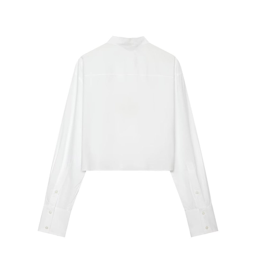 Damen Taillierte Cropped-Bluse mit Stehkragen, Schnürung und langen Manschetten Drune