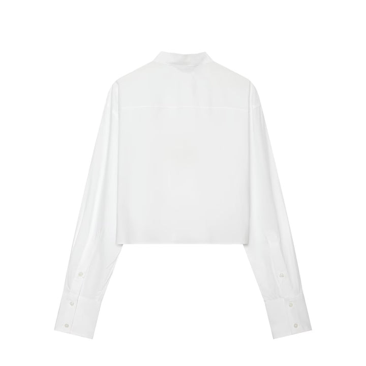 Damen Taillierte Cropped-Bluse mit Stehkragen, Schnürung und langen Manschetten Drune
