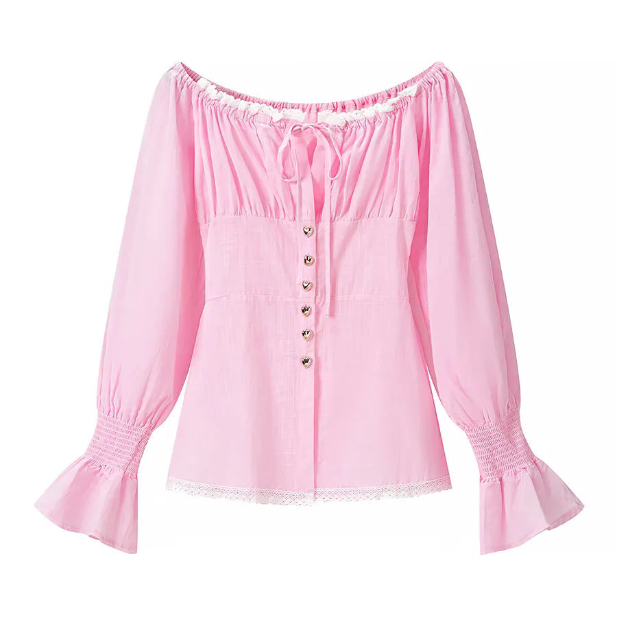 Damen nan zweiteiliges schulterfreies Schlafanzug-Set mit Spitzenbesatz, Herzknopf-Leiste und elastischer Shorts-Bund Drune