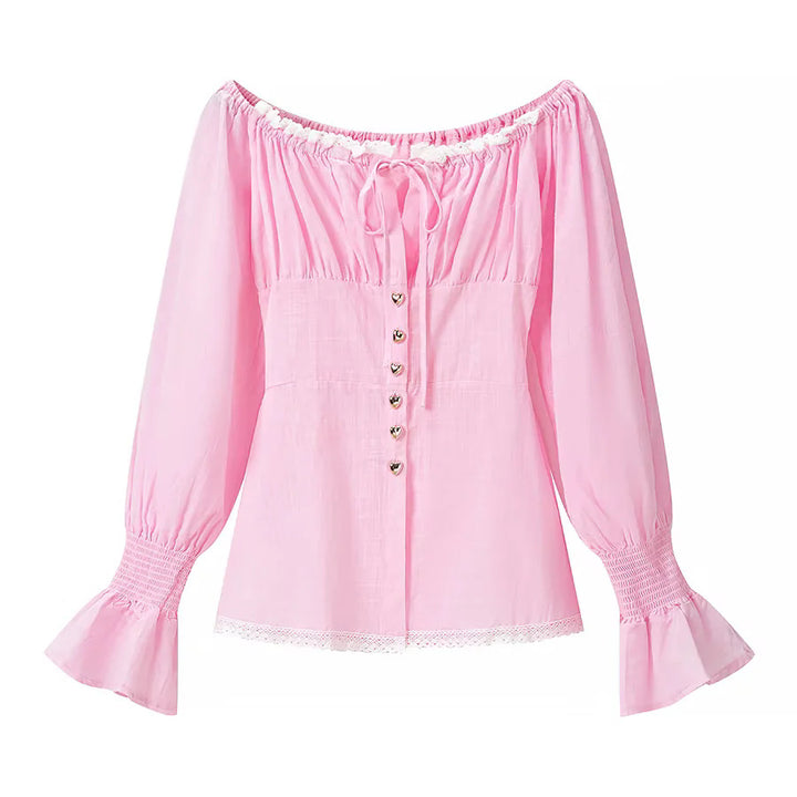Damen nan zweiteiliges schulterfreies Schlafanzug-Set mit Spitzenbesatz, Herzknopf-Leiste und elastischer Shorts-Bund Drune