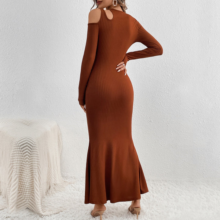 Damen geripptes Meerjungfrauen-Maxikleid mit Cold-Shoulder Cutouts, sculptender Passform und ausgestelltem Saum Drune
