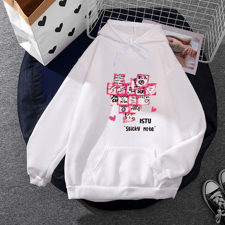 Damen nan Kapuzenpullover mit Sticky-Note Grafik, Kängurutasche und weichem Fleecefutter Drune