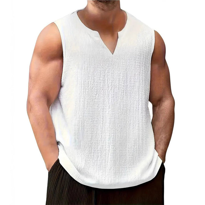 Herren nan lässiges Crinkle-Baumwoll-Top mit Kerbenausschnitt und gerundetem Saum Drune