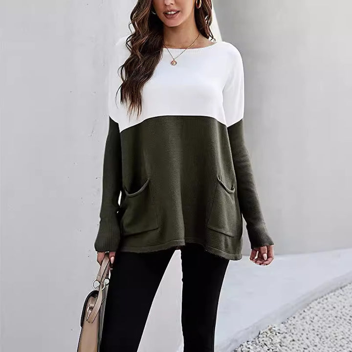 Damen Strickpullover mit großen Fronttaschen und kontrastiertem Design Drune