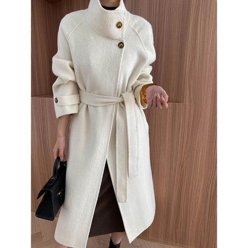 Damen eleganter Mantel mit hohem Kragen und Bindegürtel Drune