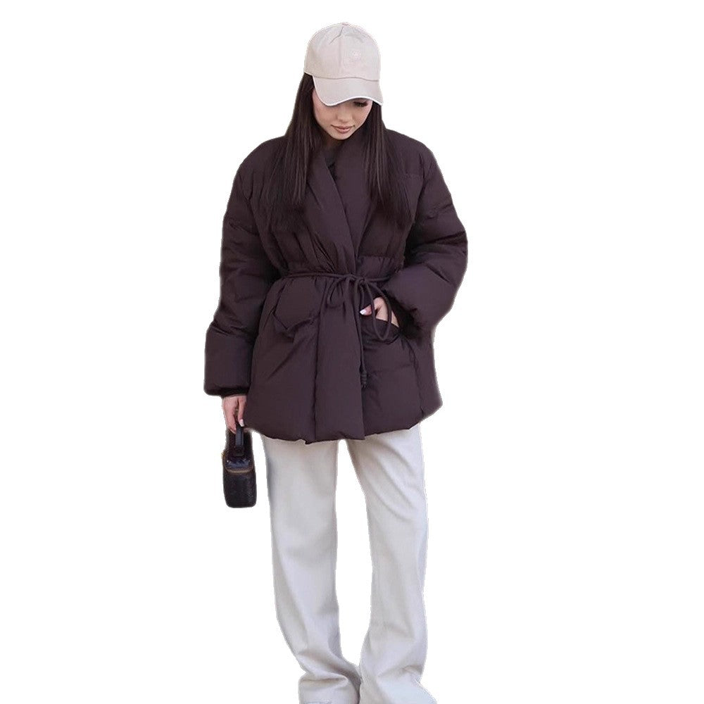 Damen Gesteppte Taillierte Steppjacke mit Schalkragen und Bindegürtel Drune