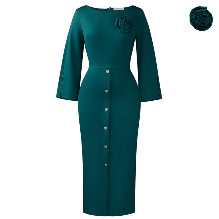 Damen Elegantes Midikleid mit dekorativem Knopfverschluss und floralem Detail Drune