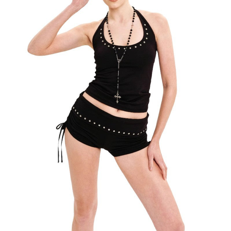 Damen sportliches Set aus Top und Shorts mit Nietenverzierung Drune