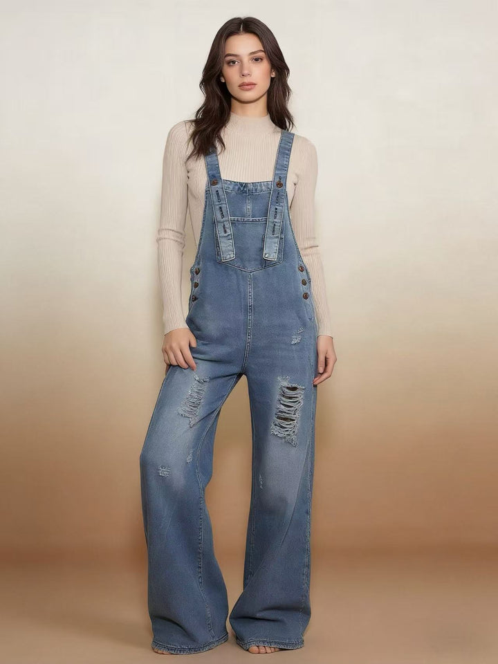 Damen nan moderne Baggy-Latzhose aus pigmentgefärbtem Stretch-Denim mit verstellbaren Trägern und sichtbaren Rissen Drune
