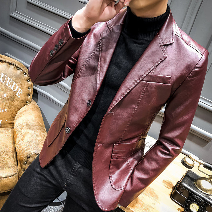 Herren Lässiges Slim-Fit Kunstleder-Sakko mit Reverskragen und aufgesetzten Taschen Drune