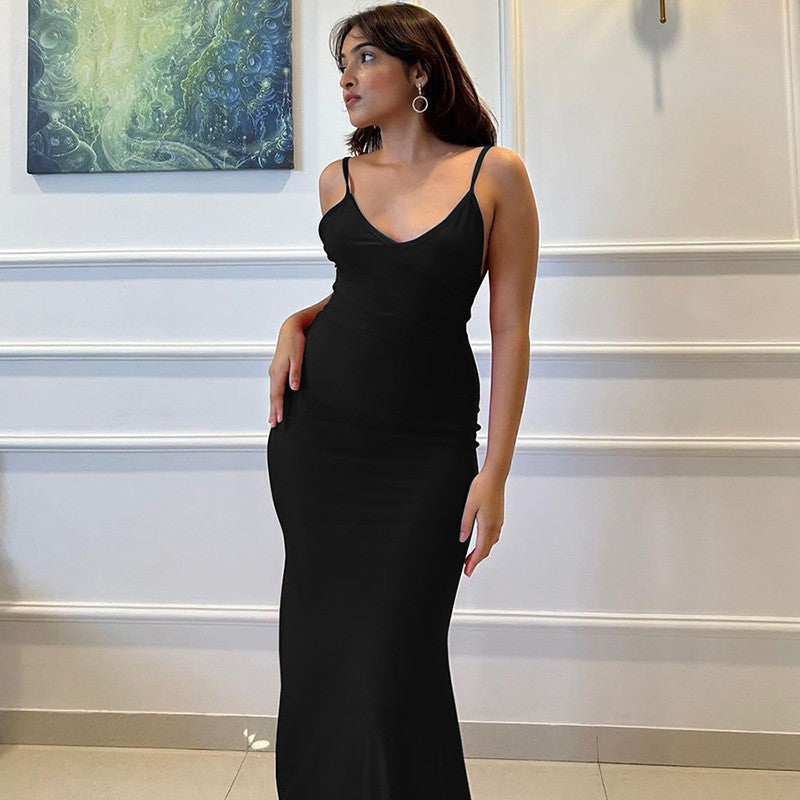 Damen elegantes figurbetontes Abendkleid mit Spaghettiträgern und fließendem Schnitt Drune